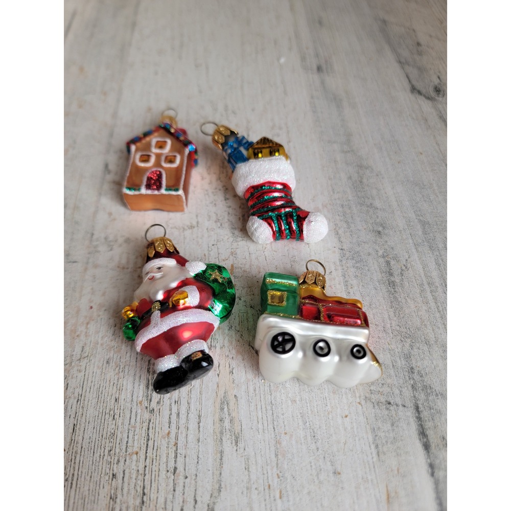 Vintage mini train stocking Santa Claus gingerbread house glass ornament Xmas